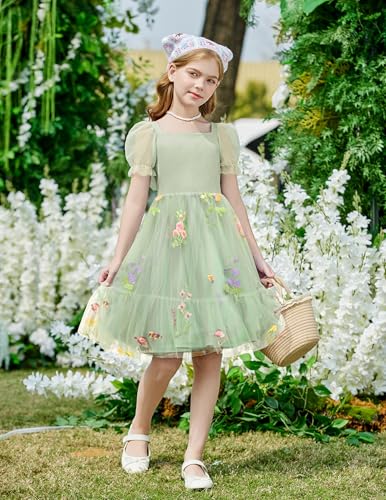 Arshiner Girls Dresses Tulle Bow Tie Back Puff Sleeve Party Holiday Spring Summer Dress for 6-164