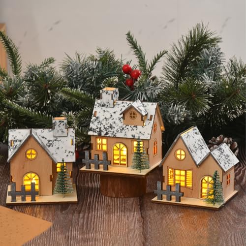 Maison en bois Noël LED x3 pour décoration de table festive
