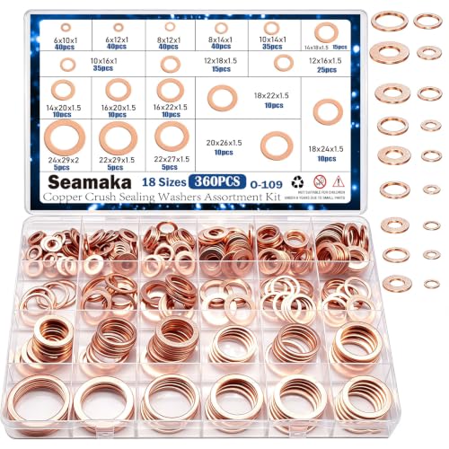 Image of 360PCS Crush Washer Oil Drain Plug,18 Sizes Copper Crush Washers Assortment Kit,Automotive Oil Pan Drain Plug Gasket M6 M8 M10 M12 M14 M16 M18 M20 M22 M24