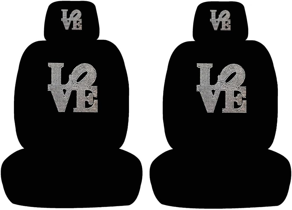 ALLBrand Universal Fit Car SUV Truck Love Crystal Bling Rhinestone Studded Low Back Front Bucket Seat Covers with Separate Headrest Covers - 4 Pcs Set (Love LetterBlack)
