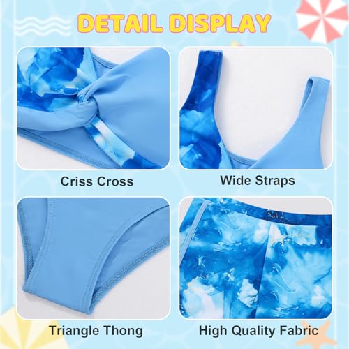 Weixinbuy Girl's 3 Piece Swimsuit Teen Swimwear Tropical Print Twist Cross Bikini Bathing Suit with Cover Up Shorts Size 9-10 Blue Tie Dye — view 5