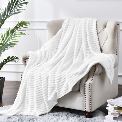 Image of BEDELITE Fleece Throw Blanket for Couch - 3D Ribbed Jacquard Soft and Warm Decorative Fuzzy Blanket - Cozy, Fluffy, Plush Lightweight White Throw Blankets for Bed, Sofa, 50x70 inches