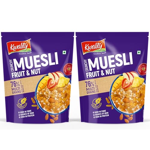 Image of Kwality Muesli Fruit N Nut, 75 g Each (Pack of 2) | 76% Multi Grains, No Maida, Natural Source Of Vitamin & Iron, High In Protein & Fiber, Low Fat & Cholesterol, Healthy Breakfast Cereal (75g x2)