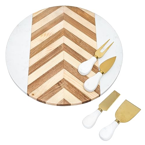 White Marble & Acacia Wood Cheese Board – Beautifully Handcrafted Round Slab Charcuterie Serving Tray for Meats Fruits & Crackers - Versatile & Wonderful Housewarming Kitchen Gift - Wooden Accent