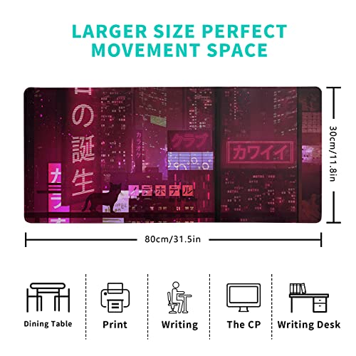 Purple Gaming Mouse Pad 31.5X11.8 Inch Japanese Desk Mat Big Purple Neon Sign Anime Mousepad Extended Large Non-Slip Rubber Base Waterproof Big Keyboard Mat With Stitched Edges For Gaming And Office #TOP1