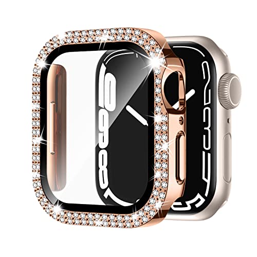 Adepoy for Apple Watch Case Series 7/8 45mm with Tempered Glass Screen Protector, Double Bling Case Crystal Diamonds Rhinestone Bumper Overall Hard PC Ultra-Thin Protective Cover for iWatch 45mm