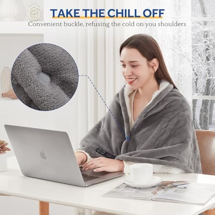 Sealy Heated Blanket Throw with Built-in Button Controller, Reversible Flannel to Sherpa Electric Blanket with 2-10 Hours Auto-Off & 4 Heating Levels, Over-Heat Protection, 50x60 inch, Light Grey