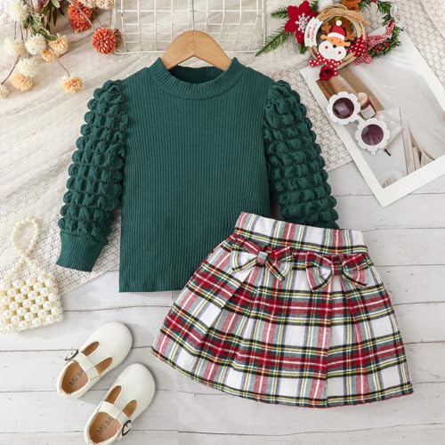 Image of Noubeau Toddler Girls Plaid Outfits Girls Puff Sleeve Knit Ribbed Shirt Tops Plaid Skirt Set Kids Fall Winter Clothes