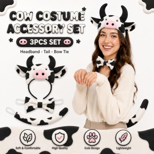 Image of White Cow Headband with Bow and Tail Costume Set, Halloween Animal Ears Costume Dress Up Suit, Cosplay Party Supplies for Adult