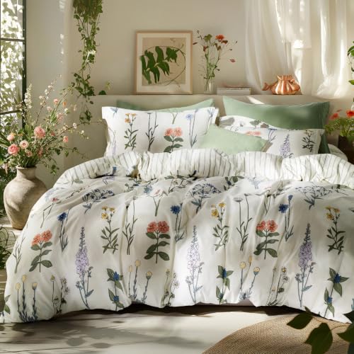 Image of Bedsure Cute Comforter Twin XL/Twin Size - Floral Comforter Sets, Boho Bedding For All Seasons, 2 Pieces, 1 Reversible Coconut White Botanical Print & Green Striped Pattern Comforter and 1 Pillow Sham