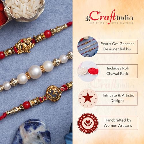 Image of eCraftIndia Red & Golden Set of 3 Trishul with Damru, Lord Ganesha, & Lord Krishna Playing Flute Religious Rakhis with Roli Chawal Pack
