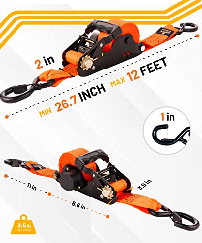 Strapinno 2PCs Retractable Ratchet Tie-Down Straps,5,000 lbs Break Strength- 2 in x 12 ft Heavy Duty Ratchet Strap with Safety Lock S Hooks for Motorcycles, ATVs, UTVs, Lawn Equipment & Cargo-Orange - Image 4