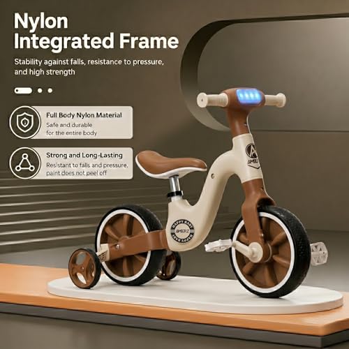 Image of Stardust 3-in-1 Tricycle for 2-5 Years - Kids Cycle for Boy & Girl - Convertible Balance Bike & Bicycle with LED Light, Music & Foldable Training Wheels - Ride On Toy (Brown)