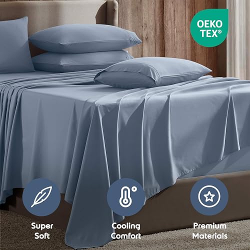Image of Nestl Extra Deep Full Sheet Set - 6 Piece Breathable & Cooling Sheets - Hotel Luxury Bedding Set w /18-24 Inch Deep Pockets - Easy & Secure Fit - Super Soft, Wrinkle Free & Comfy - Stone Blue