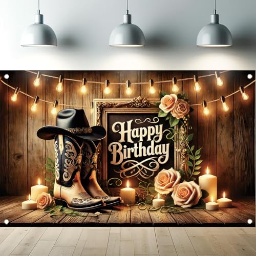 Western Cowboy Happy Birthday Backdrop Banner Rustic Wooden Boots Hat