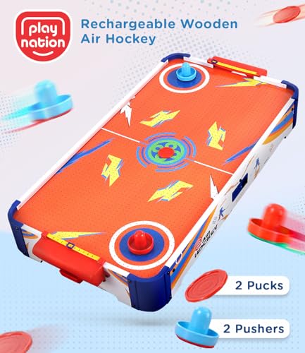 Image of Play Nation Premium Rechargeable Air Hockey for Kids Big Size,With Real Air Flow,2 Pushers Strikers&2 Pucks,Indoor&Outdoor Game for 6+ Years,Board Games for Boy&Girl,Birthday Gift,Orange(84.5x42x11cm)