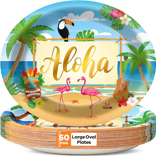 Lonfliness 50 PCS Hawaiian Luau Party Plates Decorations Supplies Large 11 Inch Summer Aloha Party Disposable Paper Plates Hawaii Tropical Heavy Duty Dish Tray for Summer Birthday Party Baby Shower
