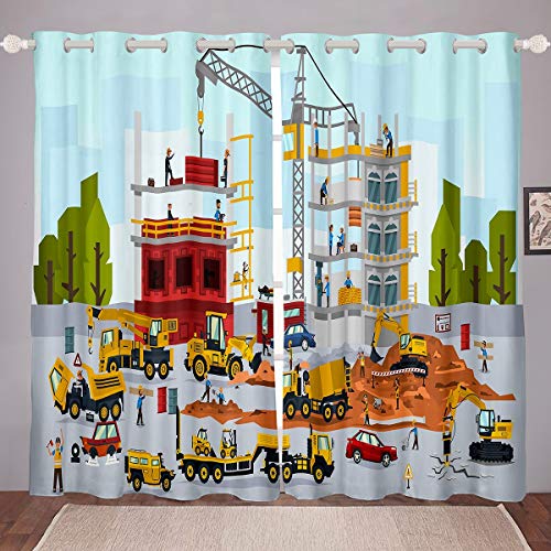 Kids Construction Curtain Cartoon Excavator Truck Room Curtain Boys Girls Transport Vehicle Curtain for Bedroom Hypoallergenic Curtain Drapes,2 Panels W46*L54