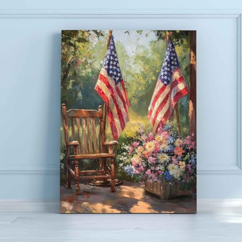 Image of American Flag Wall Art - Vintage Patriotic Canvas Print, Framed 4th of July Decor for Home & Garden, Rustic Farmhouse USA Flag Sign