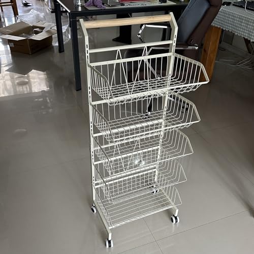 5-Tier Snack Cart Organizer with Wheels, Adjustable Fruit Vegetable Basket Candy Display, Metal Retail Chip Rolling Holder for Concession Stand