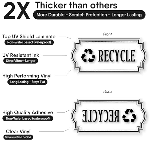 Image of Recycle and Trash Stickers for Garbage Cans - Black Premium Clear Vinyl Recycling Bin Labels - Large 4 Pack - 10 inch by 4.25 inch Decals Logo - Waste Signs for Home Kitchen or Office Bins Indoor /Outdoor Use