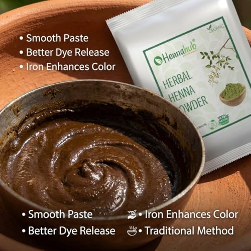 Image of HENNAHUB Herbal Henna Powder 1kg, Triple Filter For Hair And Hand with FREE IRON BOWL, Hair dye brush, shower cap, gloves, 100% Pure Ayurvedic Product With Amla Reetha Shikakai with other herbs