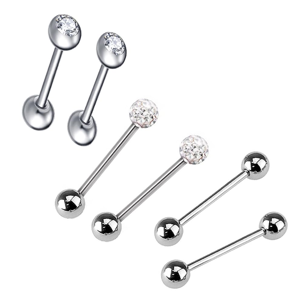 Heuvipens 6pc Set 14g Surgical Steel Coated CZ Crystal Ball Barbell Bar Tongue Ring Stud Nipple Body Piercing Jewelry
