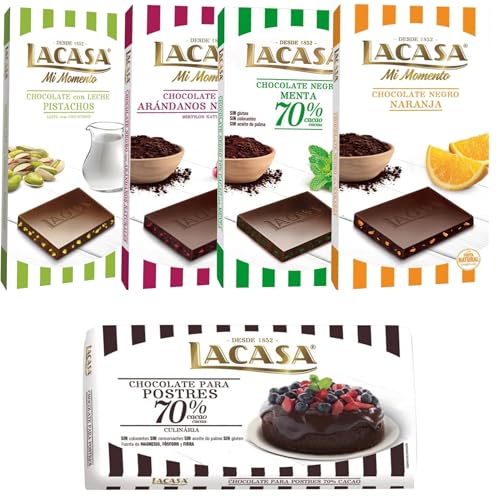 Pack Lacasa 5 deliciosas tabletas de chocolate: naranja , arandanos ,leche pistacho 90g, menta ,culinaria
