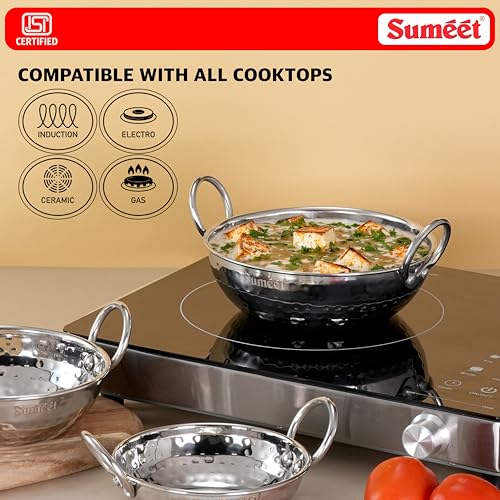 Image of Sumeet ISI Certified Stainless Steel Mini Kadhai for Serving, Tadka - Hammered Kadai, Induction and Gas Stove Friendly, Small Size (Set of 3Pc, 350ml, 550ml, 750ml, Silver)