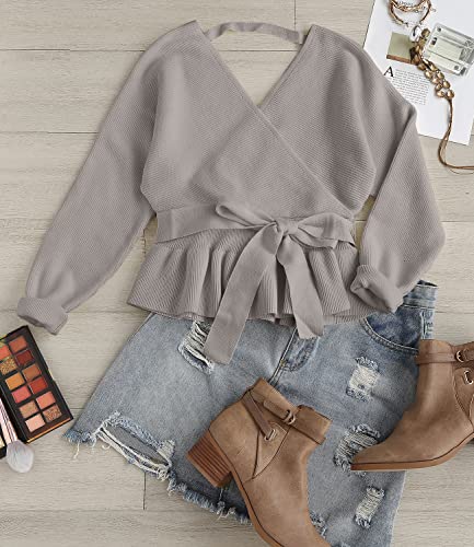 Image of ZESICA Women's Fall 2026 Wrap V Neck Long Batwing Sleeve Belted Waist Ruffle Knitted Sweater Pullover Top