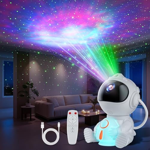 Swoieltr Sternenhimmel Projektor, Astronaut LED Sternenprojektor mit 8 Nebelmodi, 5 Helligkeit & Geschwindigkeit, 2 Sternenmodi & Timing, Fernbedienung Rakete Nachtlicht für Kinder Erwachsene Party