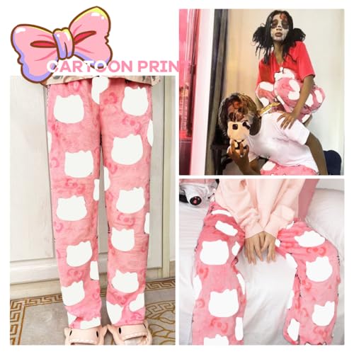 Image of SANNIDHI Anime Pajamas Pants Women's Girls Cartoon Cat All Character Kawaii Cat Print Flannel Lounge Sleep Bottoms Christmas Pajama Pants