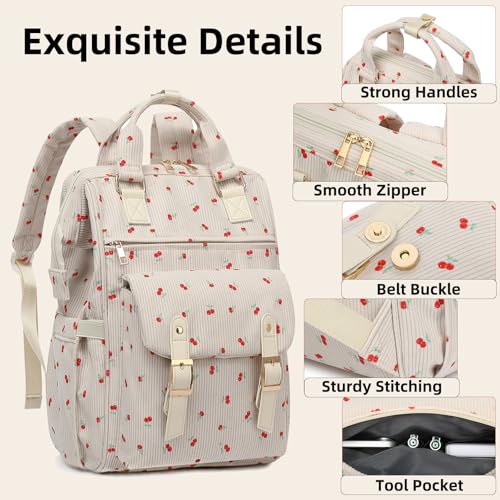 Image of Corduroy Laptop Backpack for Women 15.6 Inch Stylish College School Bookbag, Business Work & Travel Computer Backpacks (Cherry Beige)