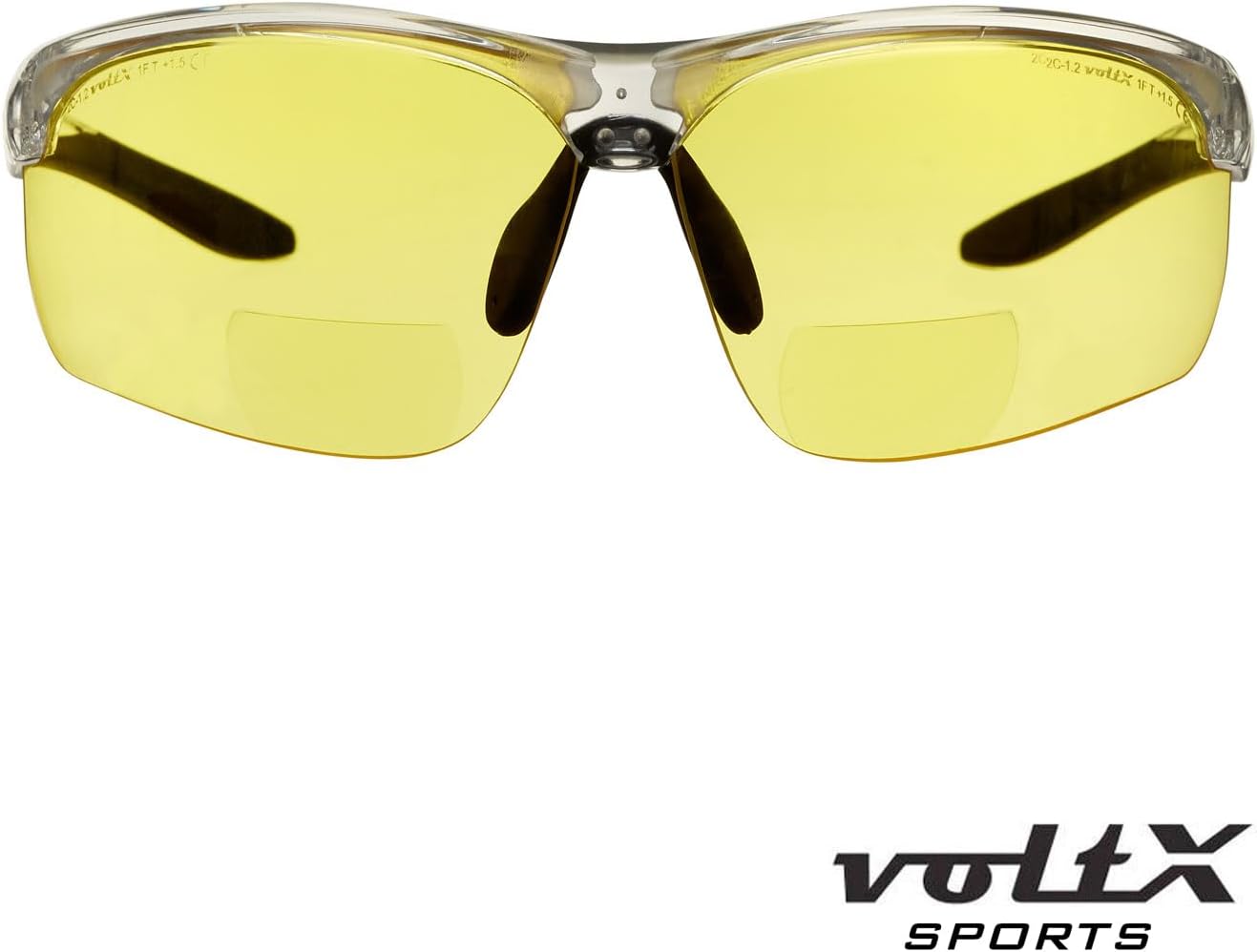 voltX 'ULTIMATE SPORTS' Bifocal Safety Glasses (Clear Frame, Yellow Lens +2.0 Dioptre) - Anti Fog Coated UV400 lens - Adjustable nosepiece - Microfibre Carry Bag