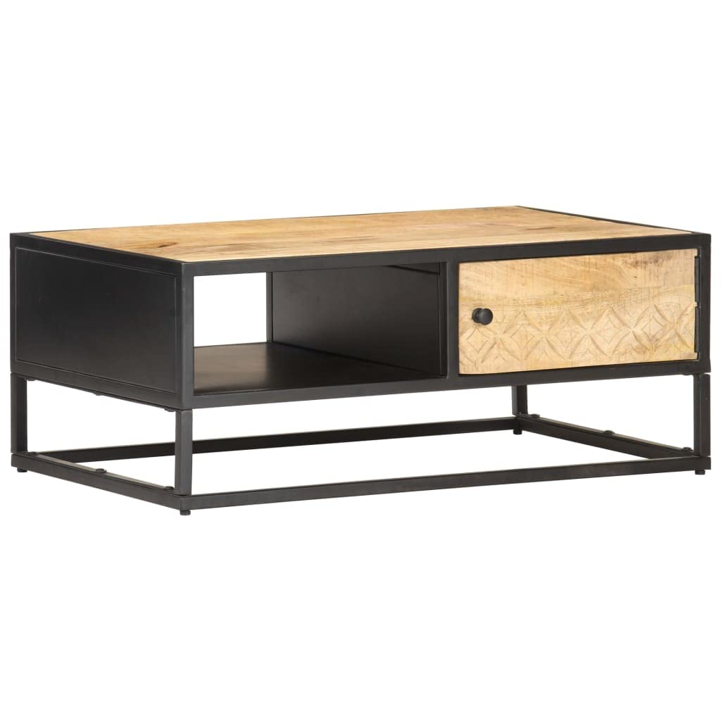 Table basse porte sculptée à la main en manguier massif et métal noir pour séjour vintage
