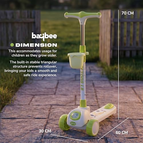 Image of Baybee Astro Baby Kick Scooter for Kids | Foldable 3 Wheel Kid Scooter with 4 Height Adjustable, RGB Lights & Music | Skate Scooters with Foot Brake | Runner Scooters for Kids 2 to 10 Years (Green)