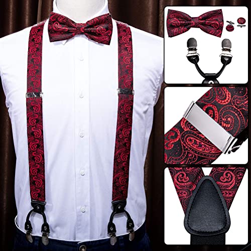 Image of YOHOWA Men Suspenders 6 Clips Strength Adjustable Y Braces Pre-Tied Bow Tie Set Formal Wedding Party