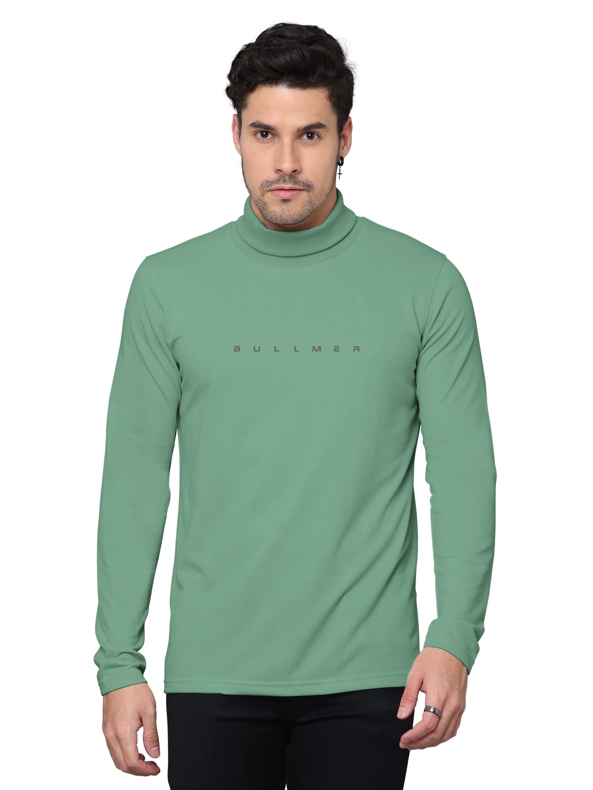 BULLMERSolid Cotton Blended Full Sleeve Turtle Neck Tshirt for Men