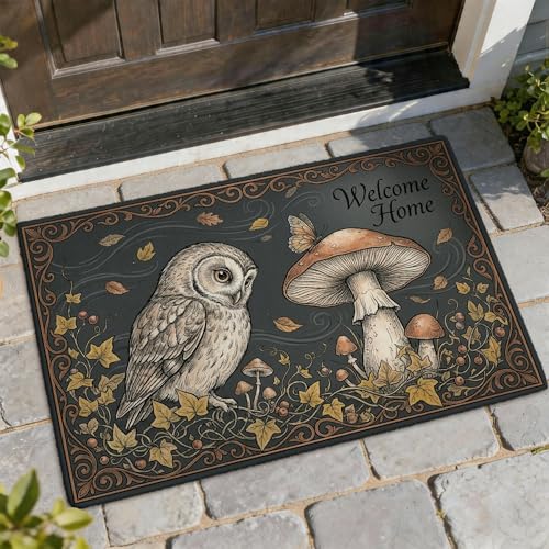 Paillasson de bienvenue motif chouette, champignon fantaisie, automne, gris foncé, antidérapant, pour décoration de sol, porte d'entrée, terrasse, 73,6 x...