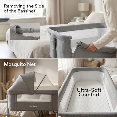 Image of BAYBEE Premium Bedside Crib for Baby with Rocking | Bassinet for New Born with 4 Height Adjustable & Recline | Baby Cot with Mosquito Net & Storage Box | Bedside Cribs & Cots for 0 to 2 Years (Grey)