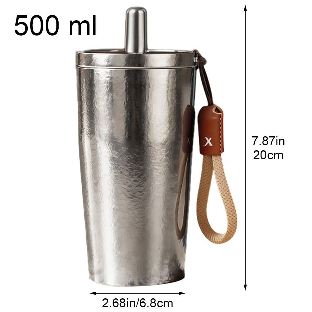 Mug en Titane Pur Martelé, Bouteille De avec Couvercle Étanche, Gobelet Portable avec Paille Cordon pour Le Bureau L'extérieur