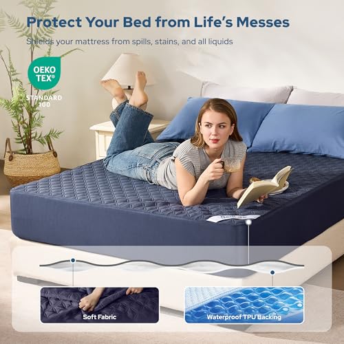 Image of BEDLORE 2 Pack Waterproof Mattress Protector, King Size Pad with Deep Pocket 6 inch-18 inch Depth, Soft Breathable Dirt Proof Single Bed Mattress Cover for Bedroom, Dorm Room (Navy Blue)