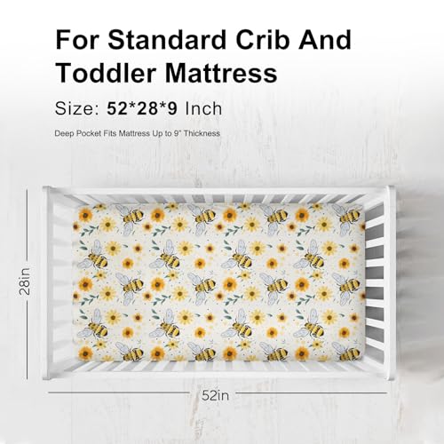 Image of Watercolor Bees Boho Sunflowers Leaves Baby Crib Sheets for Boy and Girl 52 inchx28 inch Bees Retro Floral Crib Mattress Sheet Soft Breathable Baby Bed Sheets for Standard Crib and Toddler Mattresses