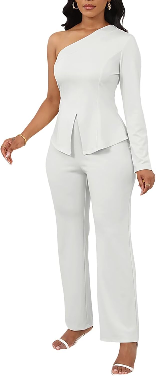 Aro Lora Womens Sexy 2 Piece Outfits One Shoulder Long Sleeve Slit Top and Pant Set Dressy Pantsuits - Image 3