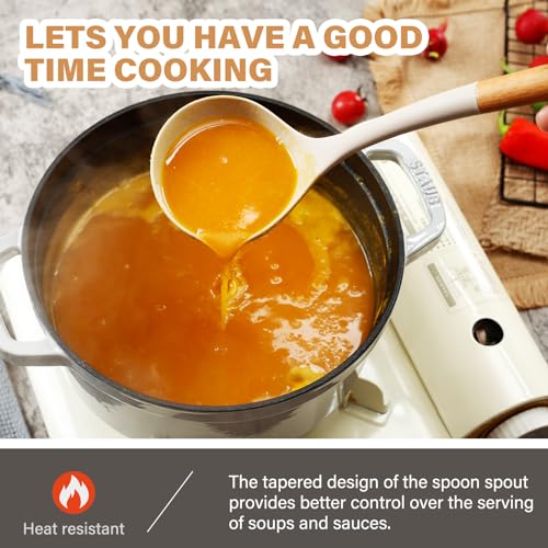 QMVESS Large Silicone Cooking Utensils Set 7 Pcs Heat Resistant Kitchen Utensils Set Food Grade Silicone and Wooden Handles Spatula Soup Ladle Pasta Server Kitchen Scissors BPA Free (Khaki) - Image 6