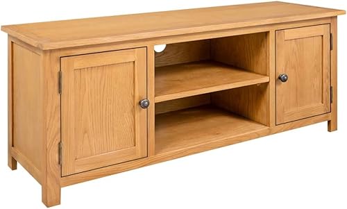SecondBoy - Armario de TV de madera con acabado de grano de madera marrón, soporte de madera de roble, compartimento lateral de doble panel para