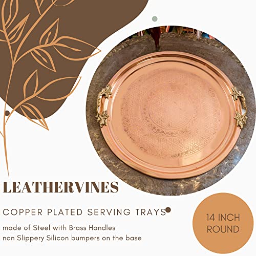 Traditional Design Handmade Hammered Copper Serving Tray With Brass Handle Large Platters- Decorative Centerpiece Kitchen Multi-Purpose Coffee Table Dinner Breakfast Food Farmhouse- 35.5Cm 13.9" #TOP1