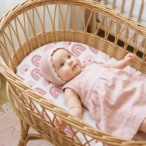 Image of Gllquen Baby Bassinet Sheets 4 Pack, Breathable Cozy Fitted Mattress Sheet | 32 inchx16 inch Soft Baby Sheets for Boys Girls, Compatible with Halo, Snoo, Uppababy, Universal fitted,Baby Gift, Pink Love