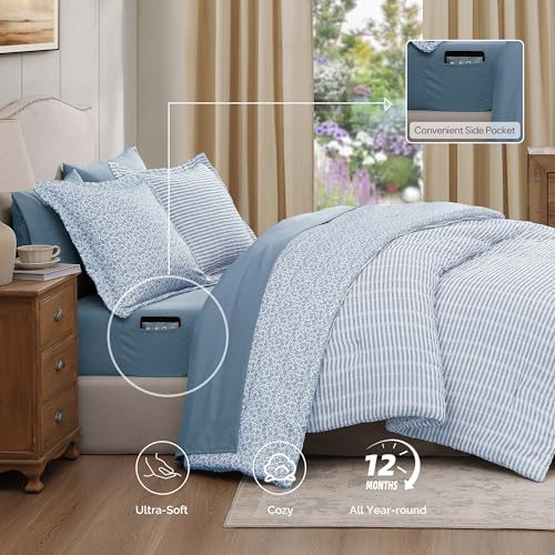 King Comforter Set - 7 Pieces Blue Gauze Muslin Bedding Sets for All Seasons, Lightweight Breathable Bed in a Bag King with Revesible Farmhouse Comforter, Sheets, Pillowcases & Shams