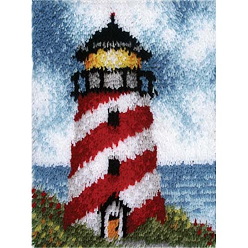 Image of LUBOT 21 inch X 15 inch Lighthouse Latch Hook Kits for Adults Rug Pillow Cover with Printed Canvas Pattern Crochet Kit for Beginners